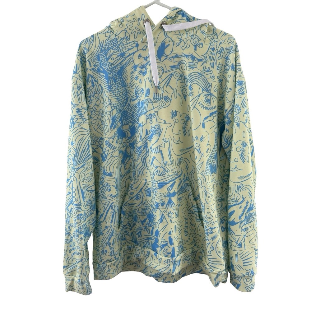 Shingl Hoodie Sweatshirt‎ Unisex XL Yellow Blue Art Doodle Graphic Fleece Modern